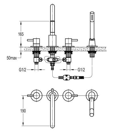 Omnires Y bateria wannowa 4-otworowa chrom Y1232CR