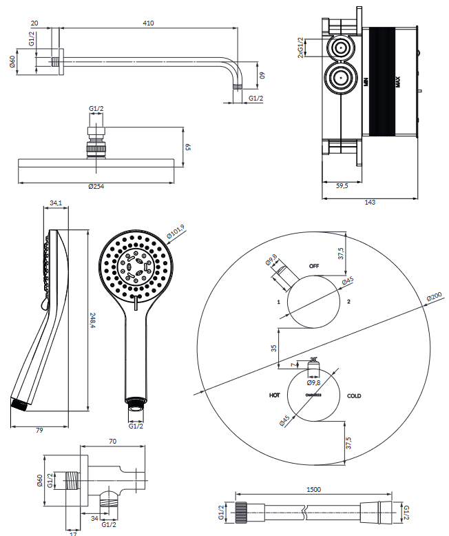 Omnires Y kompletny termostatyczny system prysznicowy podtynkowy czarny SYSYT05BL