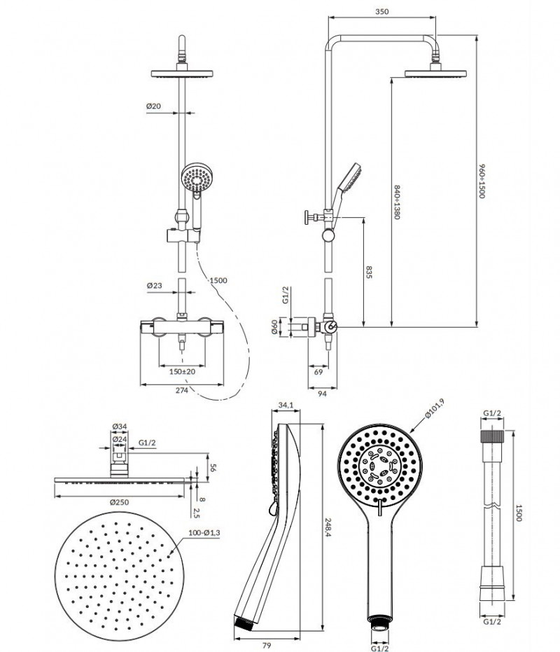 Omnires Y system prysznicowy natynkowy termostatyczny chrom Y1244LUXLCR